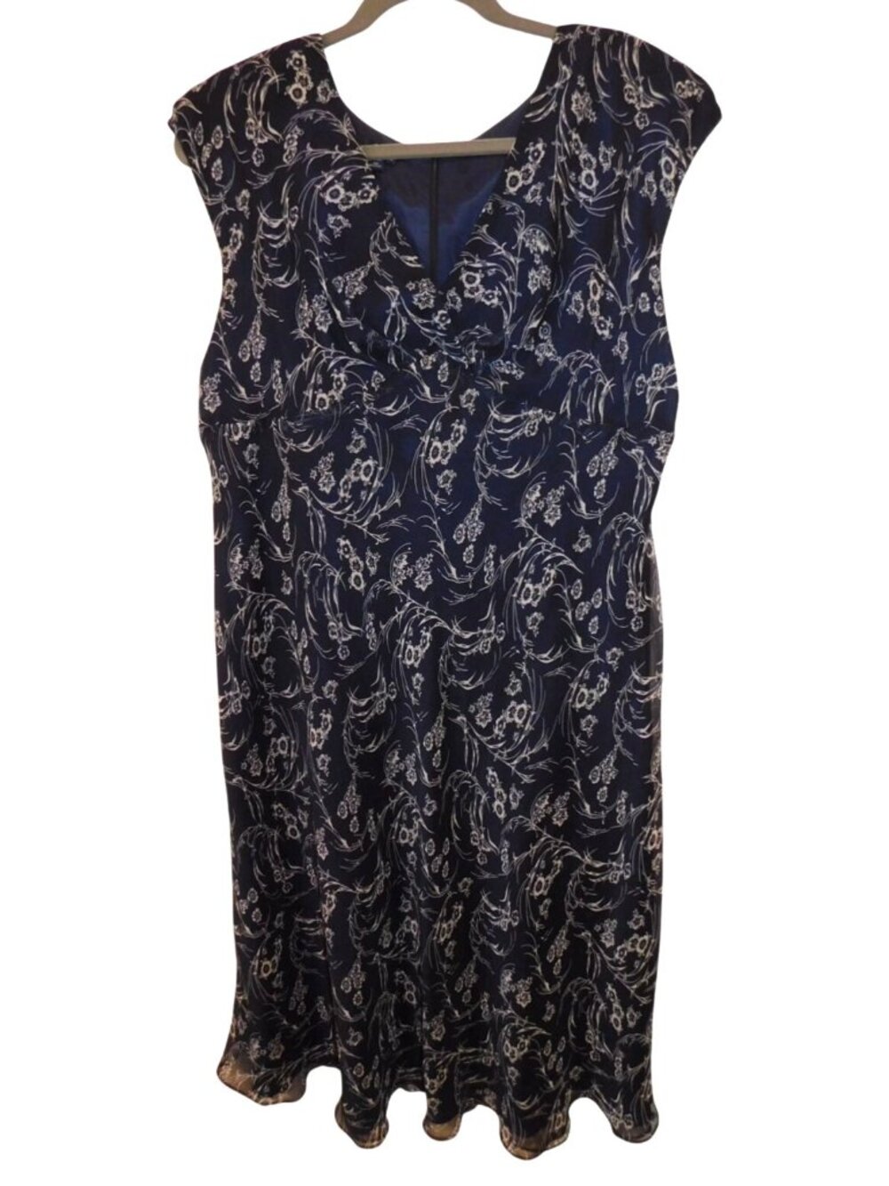Chaps Womens 22W Navy Blue Floral Midi Dress Plus Size Cottagecore Romantic